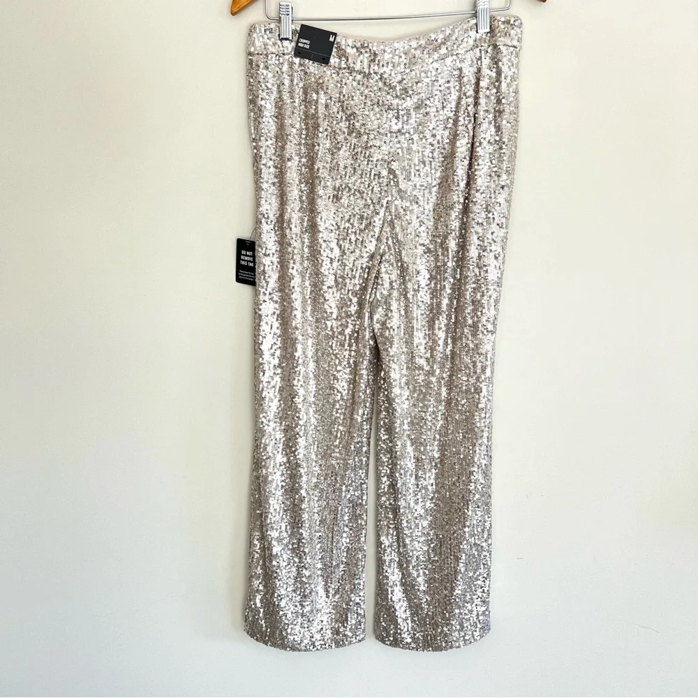 ♦️SOLD♦️EXPRESS Sequined Pleated High Rise Cropped Wide Leg Trousers Pants Sz M - Picture 8 of 16